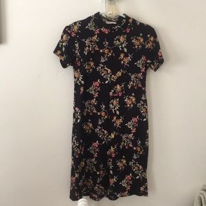 Floral navy stretchy polyester ribbed dress